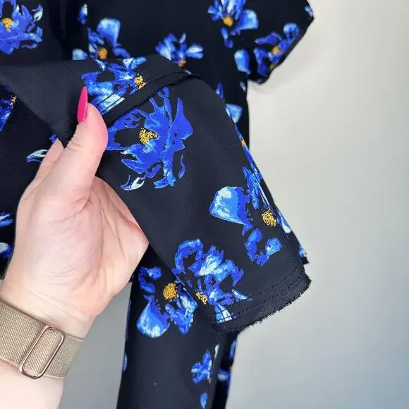 Proenza Schouler Floral Print Blue Black Tie Back Short Sleeve Mini Shift Dress - Picture 8 of 16